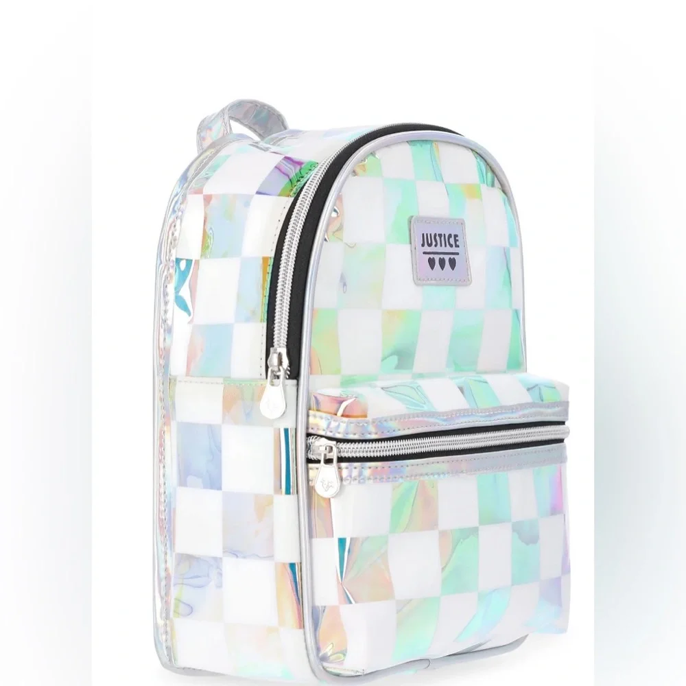 NWT Justice Mini Backpack Iridescent Checkered Holographic Pocket Bag One Size